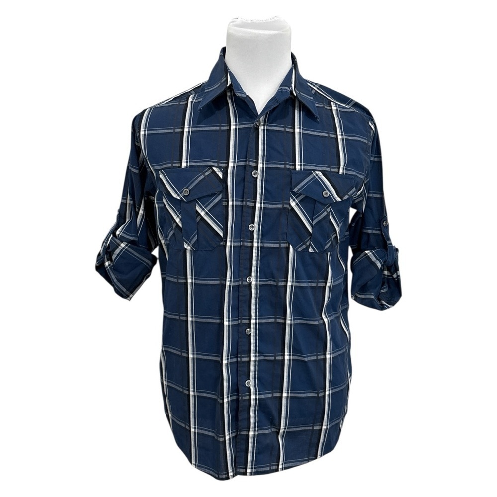 Beverly Hills Polo Club Men's Blue Plaid Shirt Button Front Roll Tab Sleeve Med